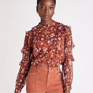 Ann Taylor Floral Ruffle Mock Neck Top